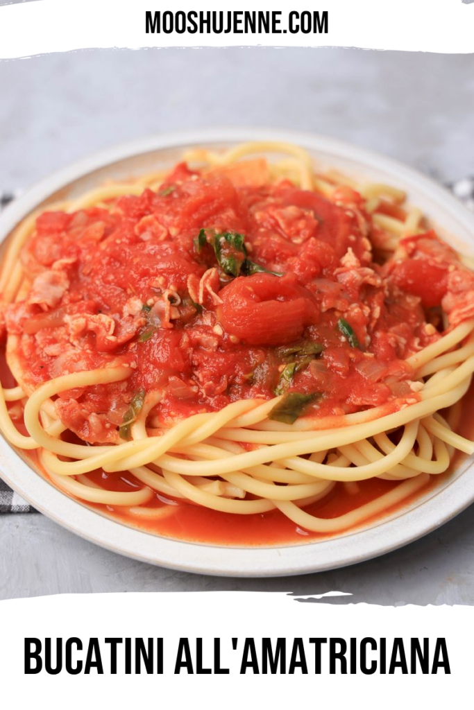 Bucatini All'Amatriciana on a stone plate with a gray plaid napkin.