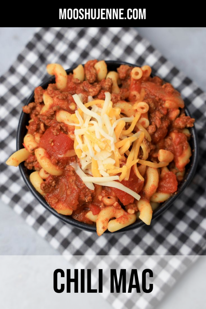 Chili mac made with spiced ground beef sauce topped over elbow noodles. Make it with spices, ground beef, and crushed tomatoes topped with cheese for a great weeknight meal.