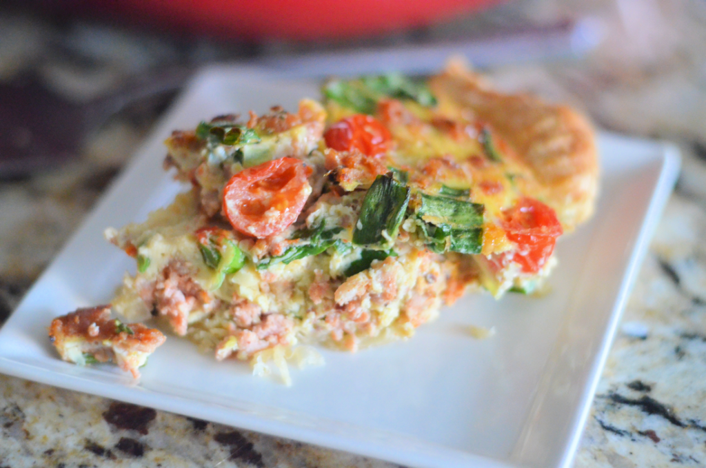 Made with sausage, spinach, tomatoes, and spring onions.