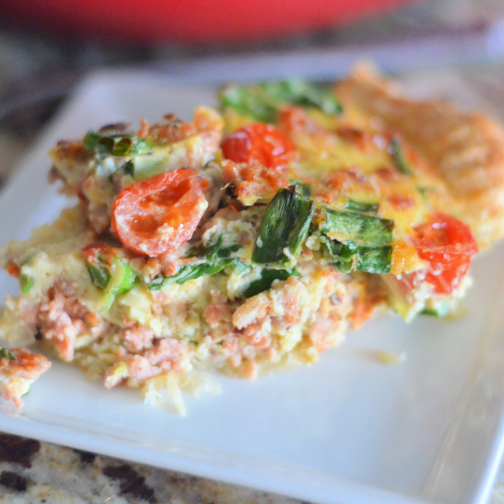 Made with sausage, spinach, tomatoes, and spring onions.