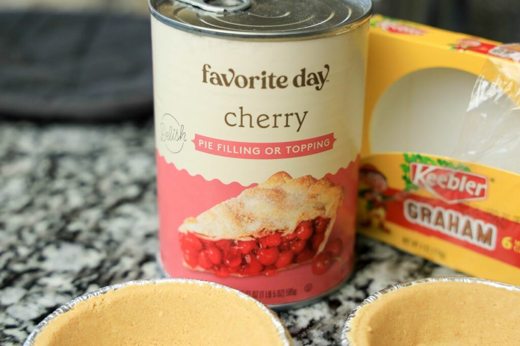 Cherry pie filling on the counter top.