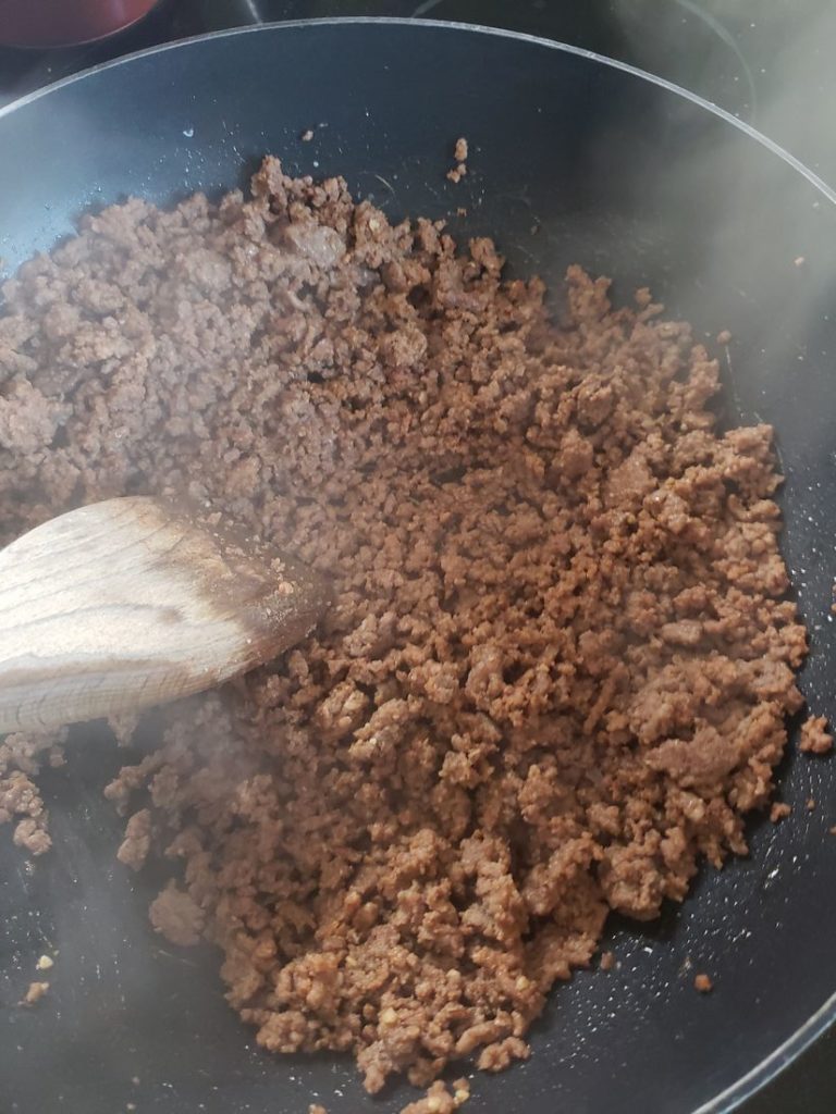 Ground beef in skillet for big mac salad