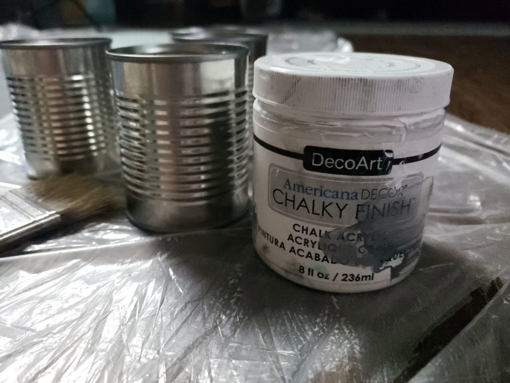 Blank tin cans with Americana Deco Art chalky paint