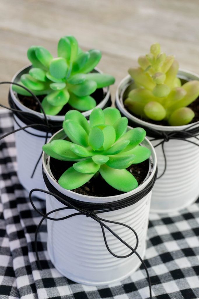 Farmhouse tin planters in white with faux succulents