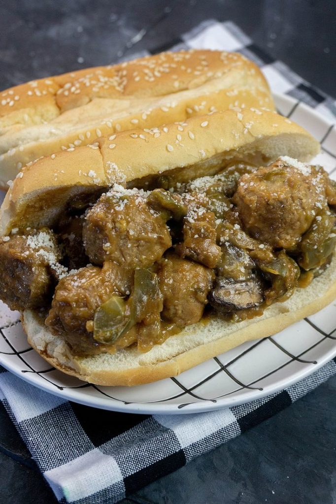 Instant Pot Philly Cheese Steak Meatballs on white plate