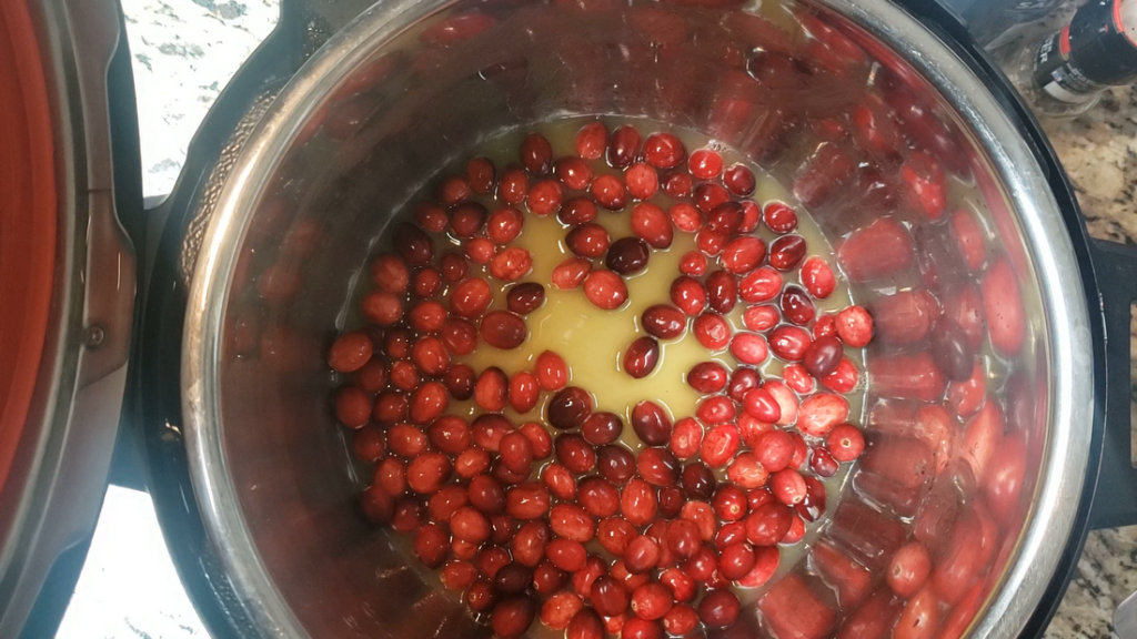 Orange juice and fresh cranberries inside the instant pot.