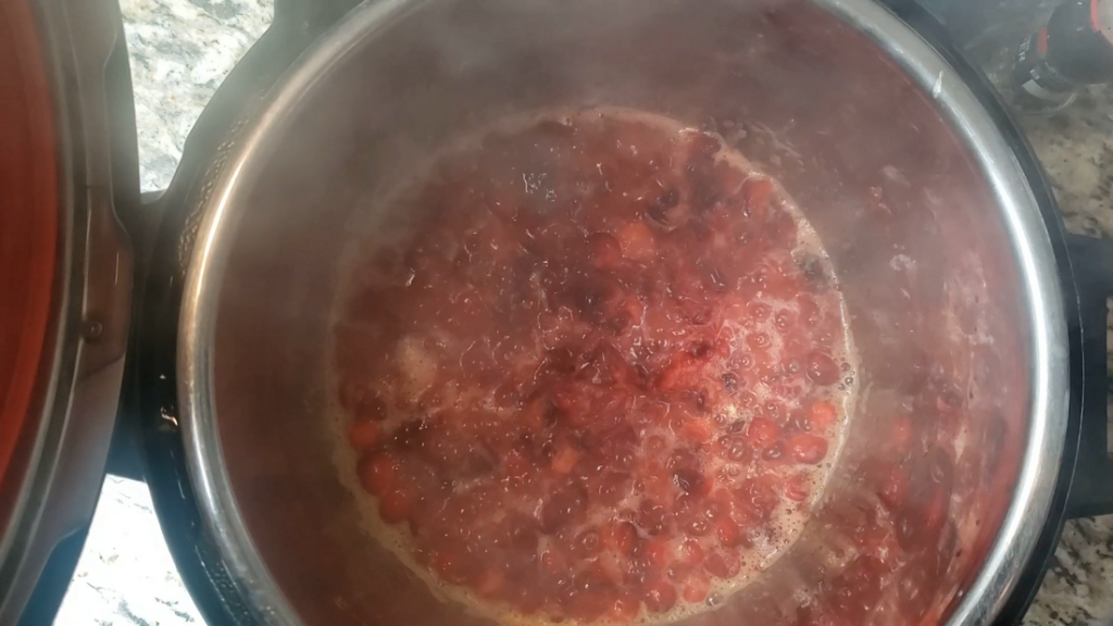 Orange juice and fresh cranberries inside the instant pot.