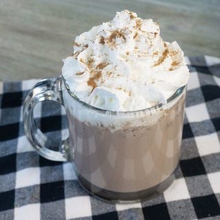 Instant Pot Double Hot Chocolate on Grey wood with black and white plaid napkin