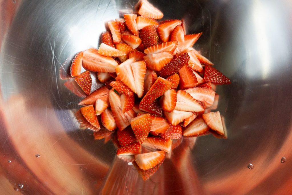 Strawberries in a metal bowl