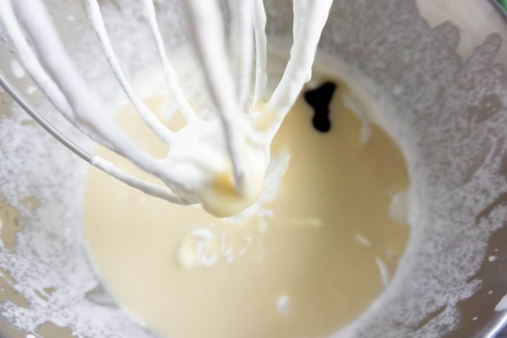 sweetened condensed milk and whipped heavy cream and dye in a kitchen aid mixer