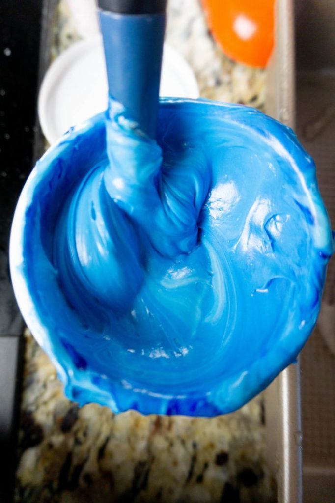 Blue icing dyed with blue food gel