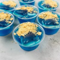 Shark Beach Jello Shots with gummy sharks, graham crackers as sand, and blue jello.