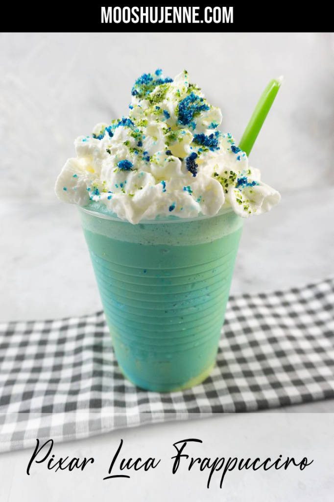 pixar luca frappuccino with green and blue frap ice cream along with whipped topping and green and blue sugars