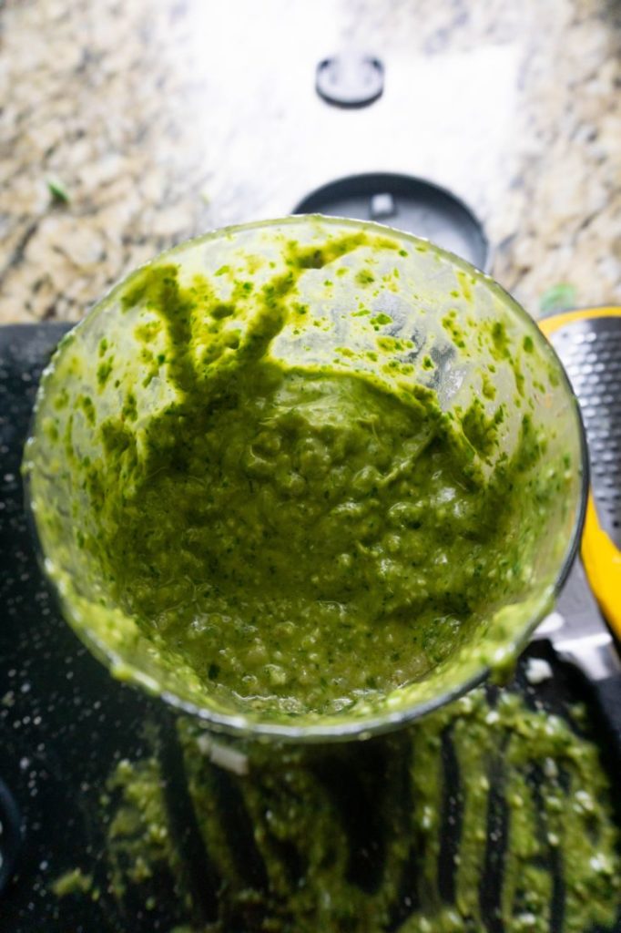 basil pesto in a blending jar