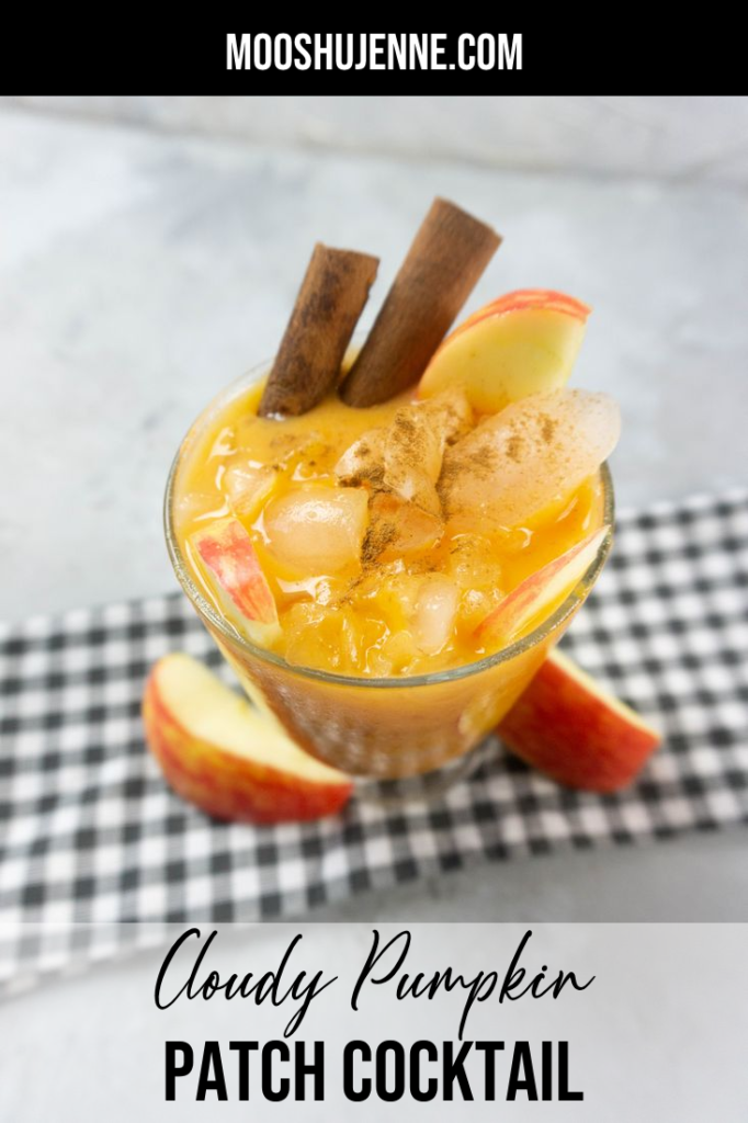Cloudy Pumpkin Patch Cocktail with apples and pumpkin topped with cinnamon sticks in a glass on gray plaid napkin on a concrete backdrop