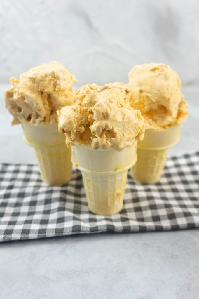 Pumpkin ginger snap ice cream in a cone on a plaid napkin with a concrete backdrop
