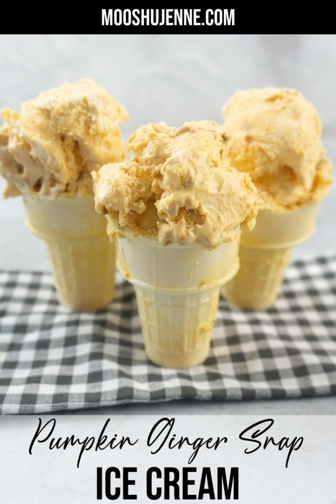 Pumpkin ginger snap ice cream in a cone on a plaid napkin with a concrete backdrop