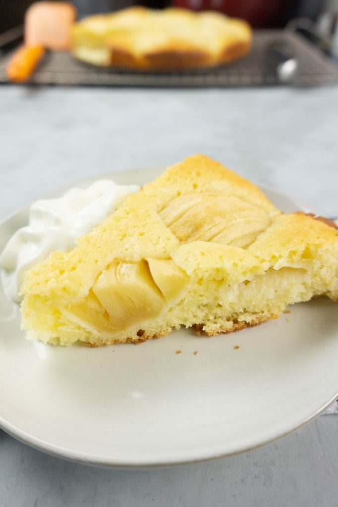 German Apple Coffee Cake with sliced apples on a concrete gray back drop