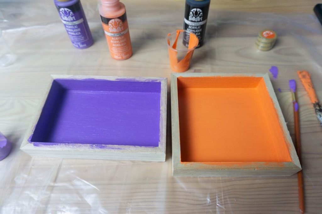 Wood squares painted purple and orange