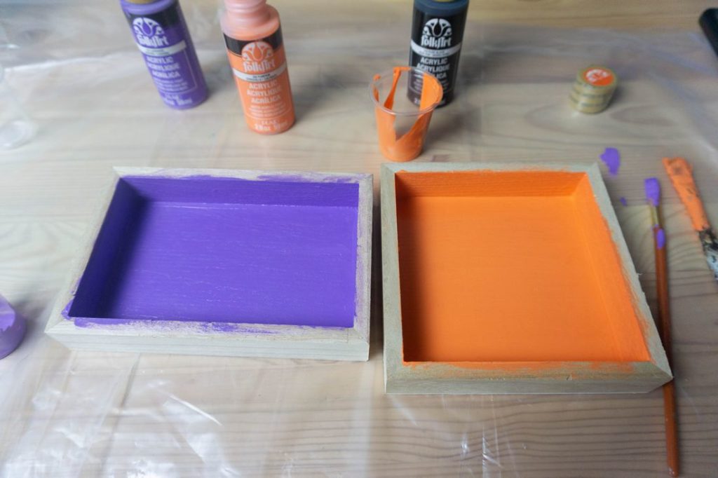 Wood squares painted purple and orange