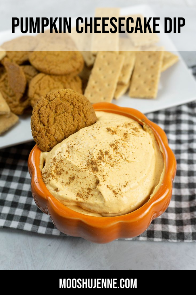 Pumpkin Cheesecake Dip in a pumpkin bowl with plaid napkin and concrete backdrop