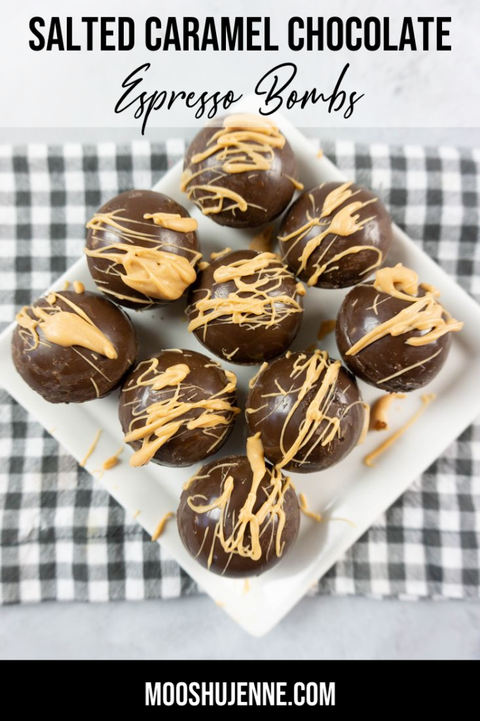 Salted Caramel Chocolate Espresso Bombs on a white plate with a plaid napkin and concrete backdrop