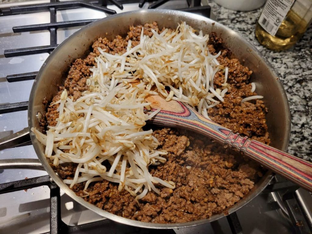 Ground beef , spring onions, carrots, and mung bean sprouts