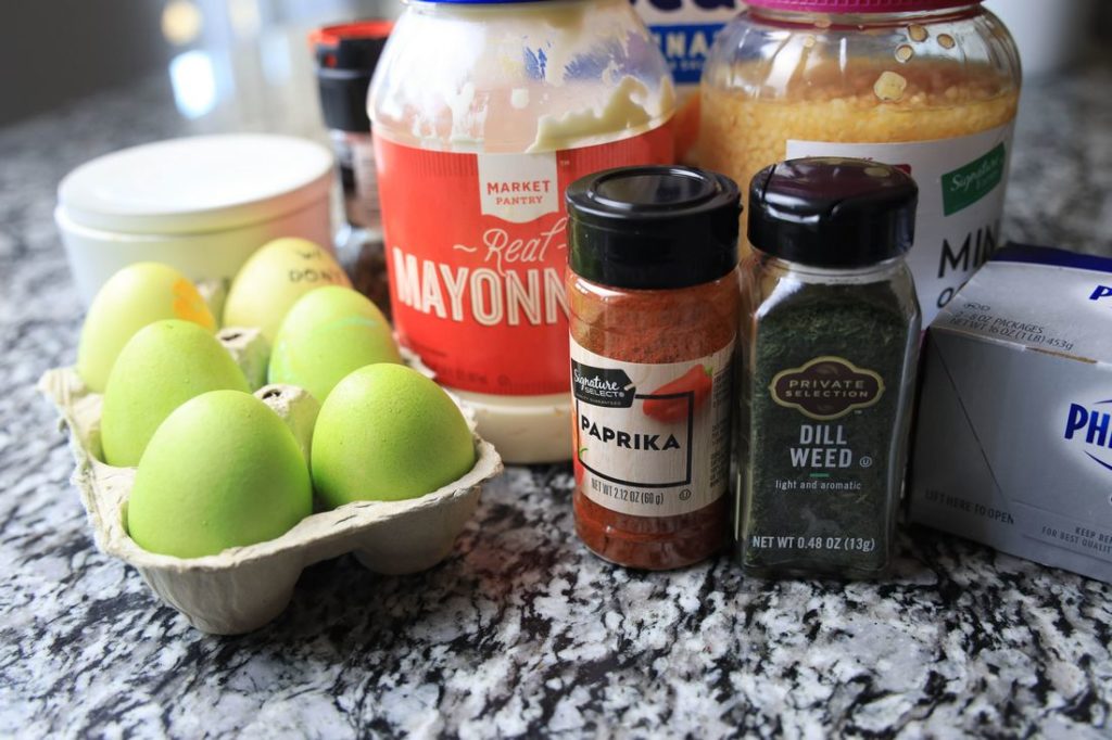 Ingredients to make deviled eggs dip