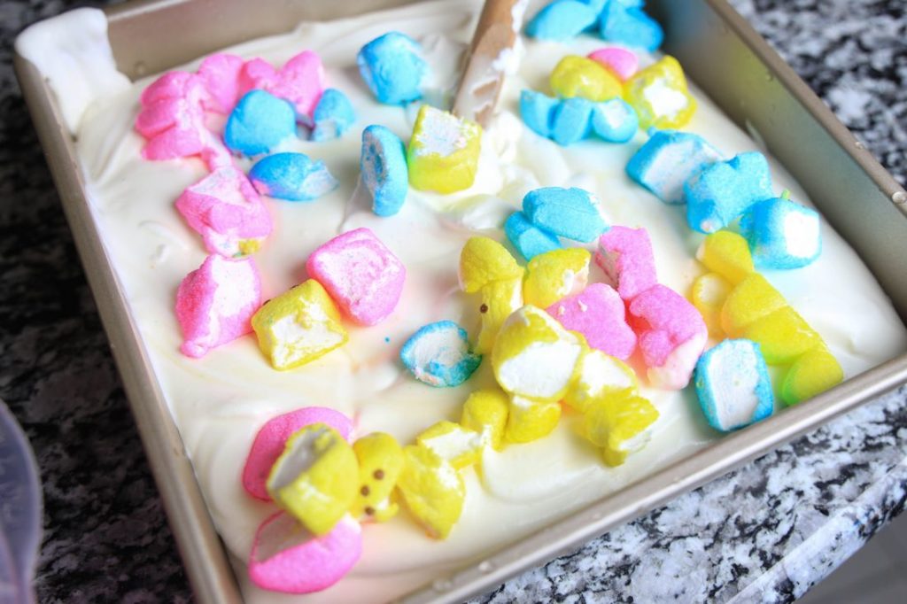 Peeps added to ice cream pan