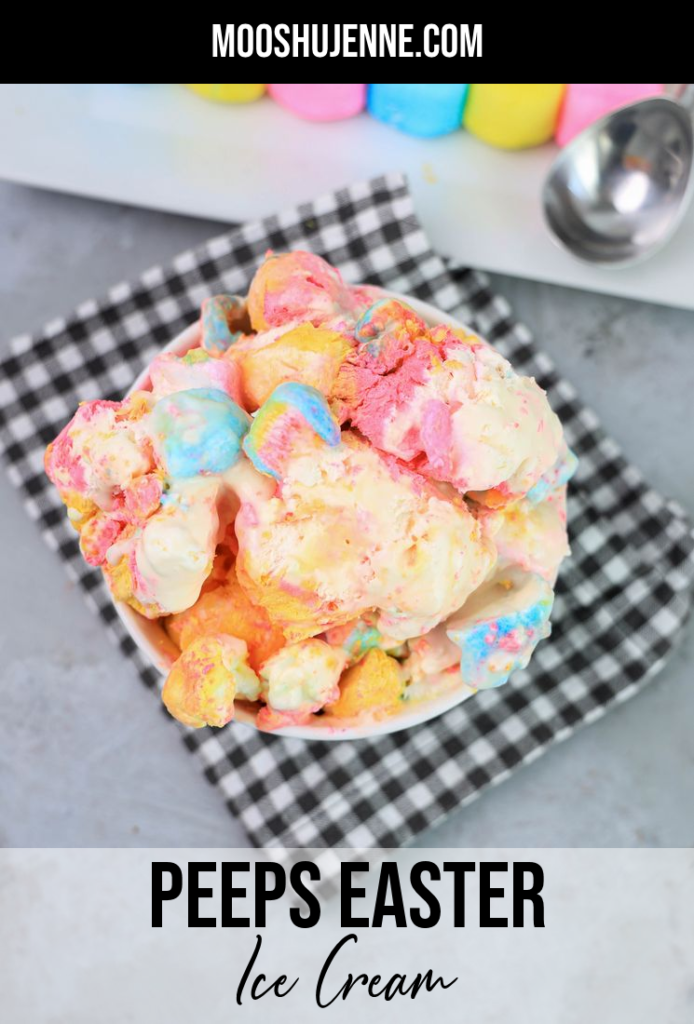 Delicious Peeps Easter ice cream is a great treat for Easter Sunday. Make this a day ahead to serve up in bowls or on cones. The kids and adults will love this ice cream!