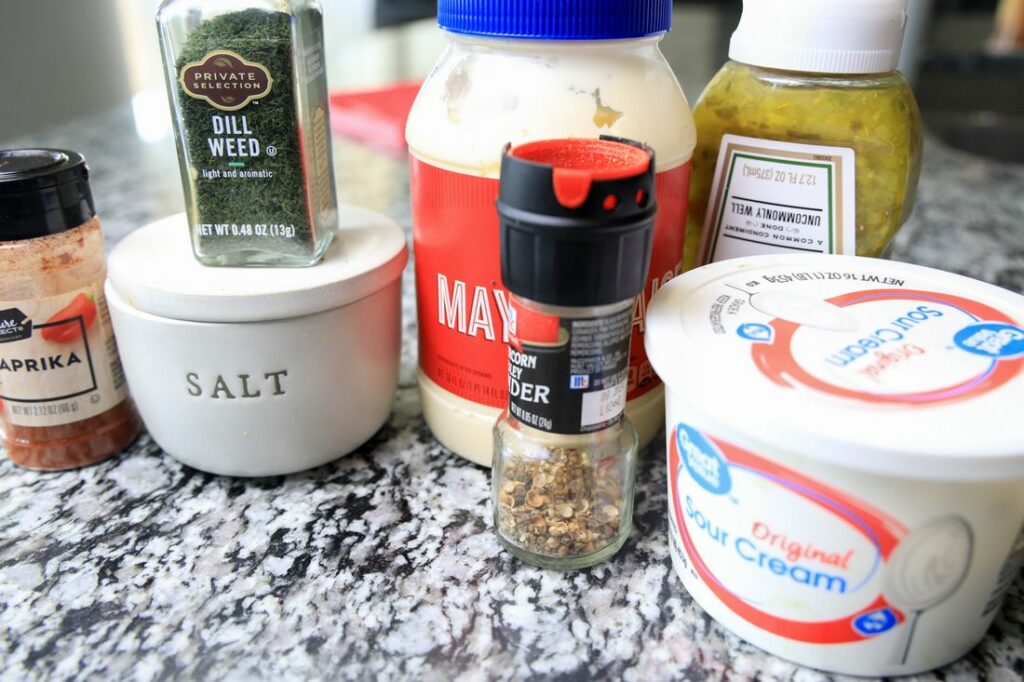 Ingredients for the dill pickle pasta salad