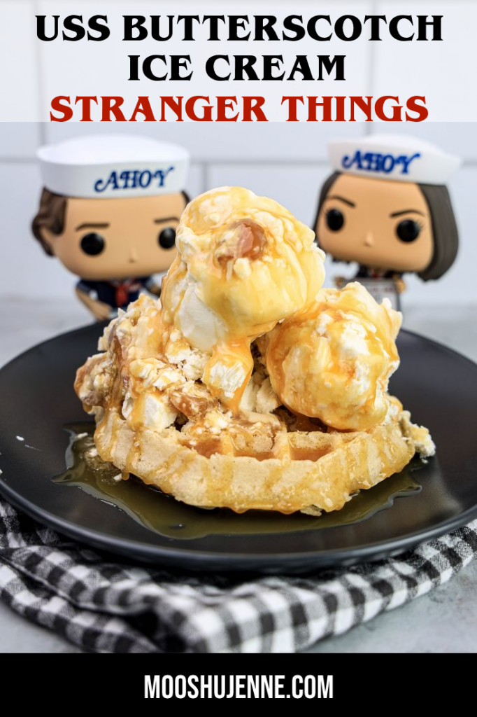 Butterscotch ice cream on a waffle on a gray plate on a grey plaid napkin on a concrete backdrop with stranger things funko pops