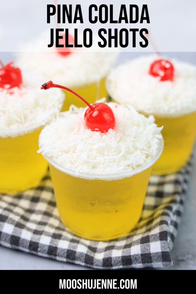 Pina colada’s is the summer drink of all time. Take that up a notch with these Pina Colada Jello Shots. Made with pineapple jello, coconut rum, shredded coconut, and topped with a maraschino cherry.