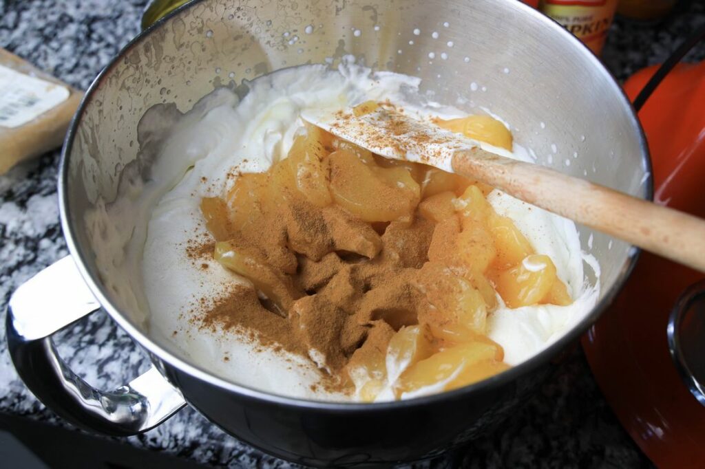 Apple pie filling and ice cream mixture in the stand mixer