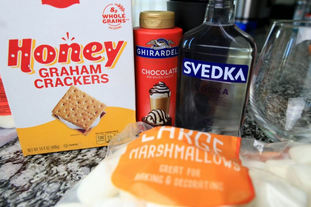 Graham crackers, ghirardelli's syrup, vodka, and marshmallows.