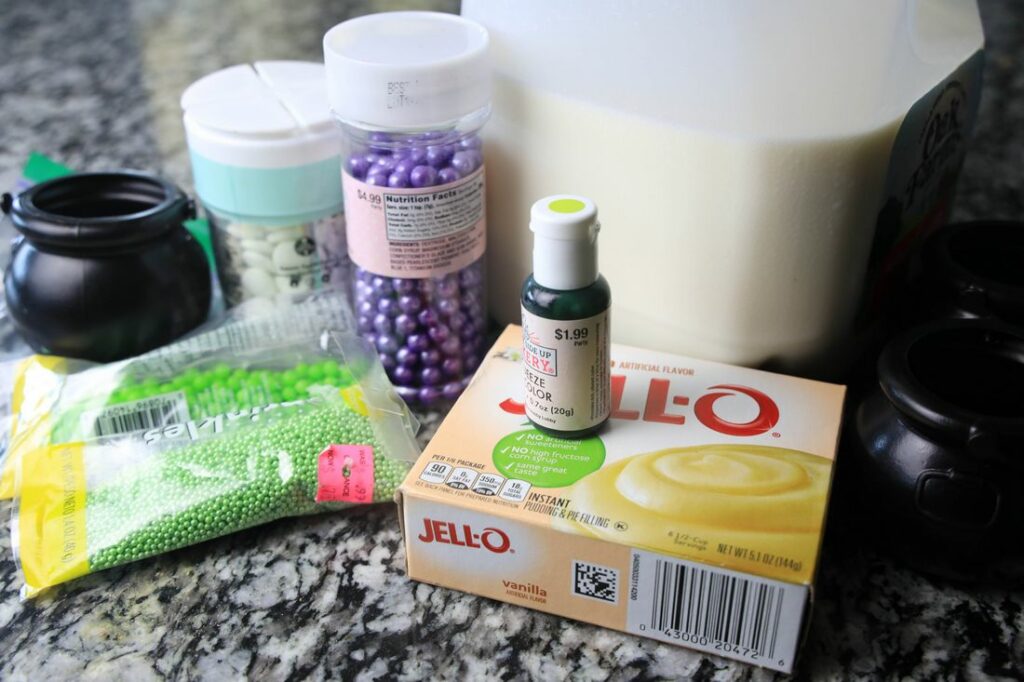 Ingredients to make Hocus Pocus Life Potion pudding cups.