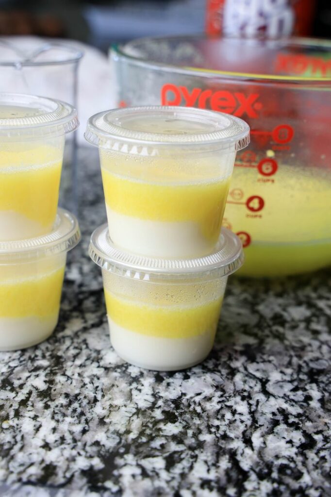 Jello shot cups with the white and yellow layer.