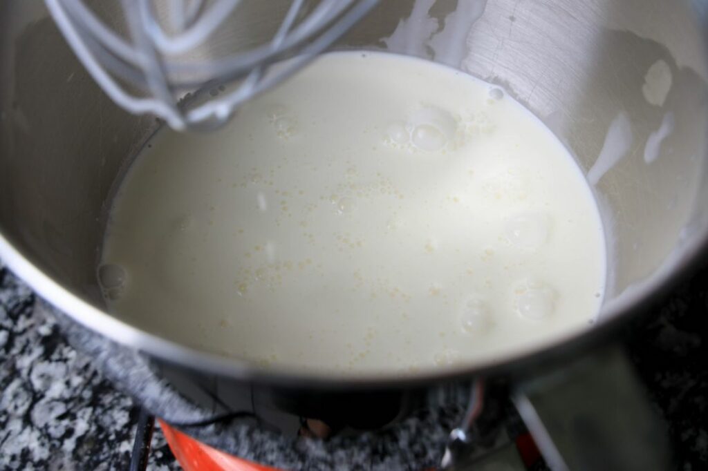 Heavy whipping cream in the stand mixer.