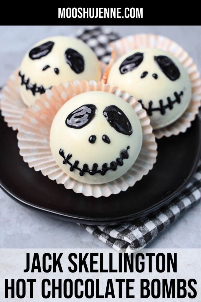 White hot chocolate bomb with Jack Skellington face drawn on.