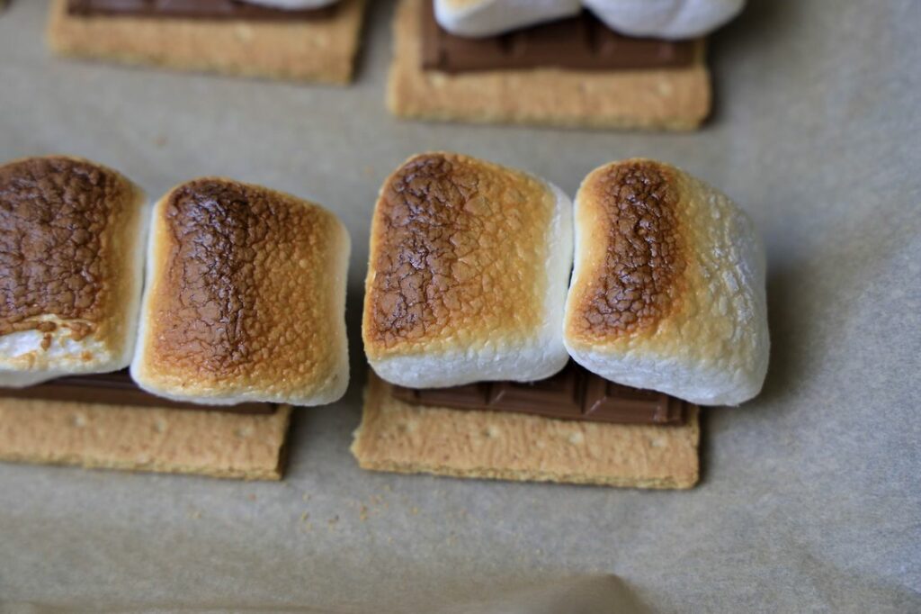 Toasted marshmallows on top of chocolate on top of a graham cracker.
