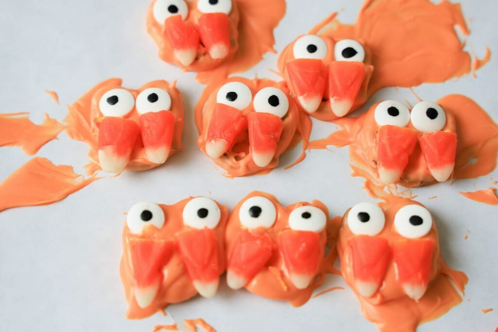 Vampire Halloween Pretzels on a freezer paper sheet drying