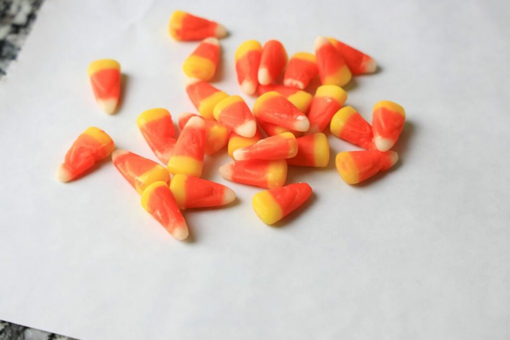 Candy corn on freezer paper.