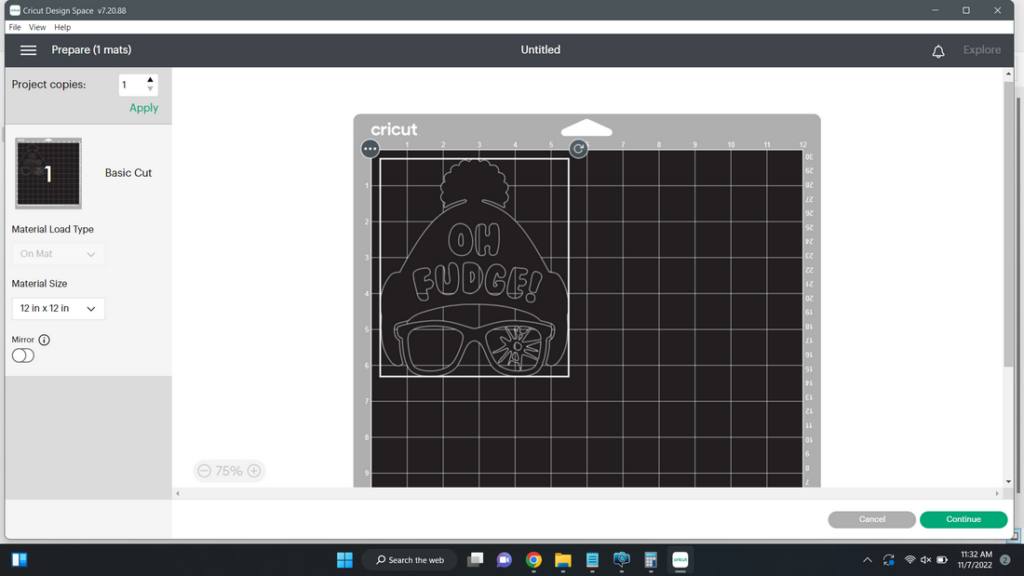 Screen shot of the oh fudge SVG in cricut design space.