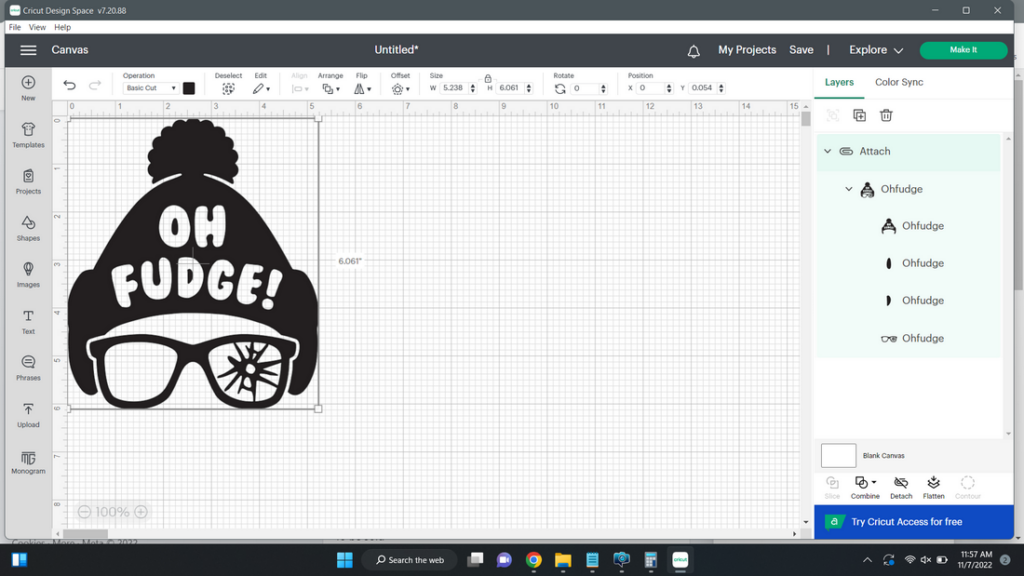 Screen shot of the oh fudge SVG in cricut design space.