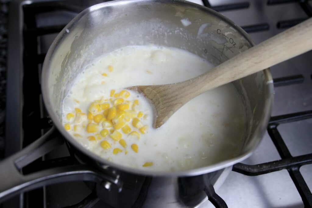 Corn mixture thickened in the pot.