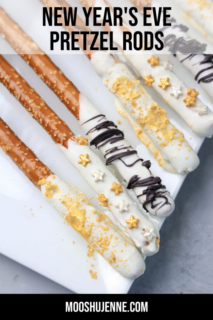 New Year’s Eve pretzel rods are fun to make while adding pretty color to a charcuterie board. These white chocolate dipped pretzels are great for snack boards alike.