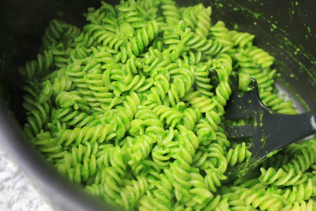 Basil Spinach Pesto in a pasta pot on the stove.