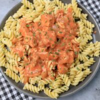 Slow cooker chicken paprikash with rotini noodles on a gray plate with a gray plaid napkin and faux concrete backdrop.