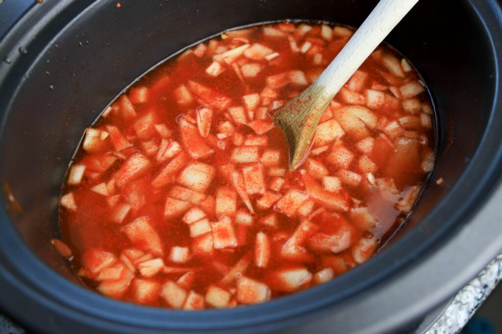 Slow cooker filled with onions, chicken, paprika, and chicken broth.