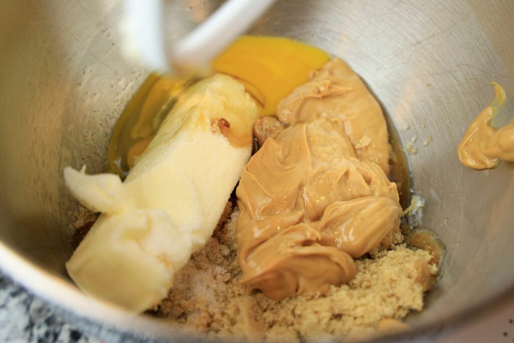 Wet ingredients in the stand mixer.